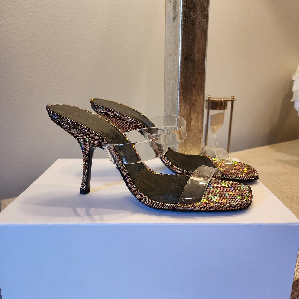 BY FAR Clara Disco Bronze Hologram Leather Slide Sandal